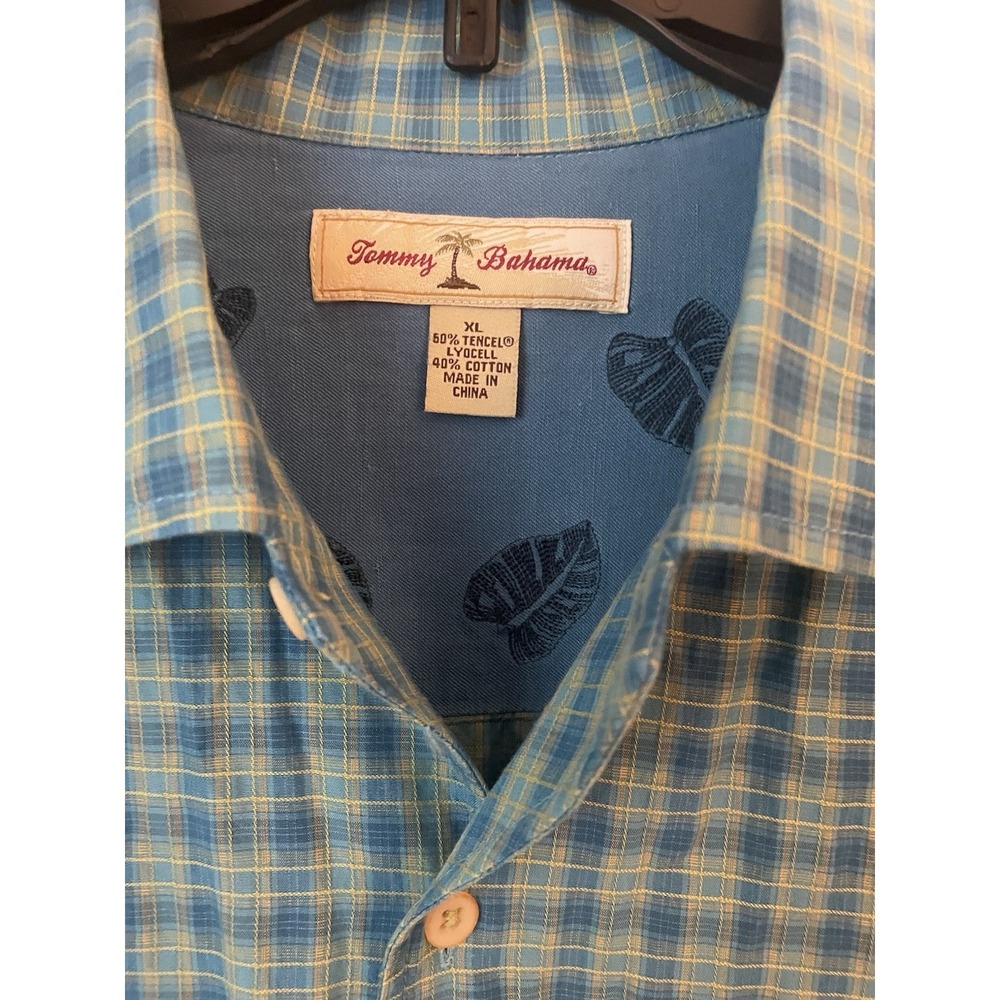 Tommy Bahama Shirt Mens XL Blue Teal Plaid Long‎ Sleeve Button Up Cotton Tencel